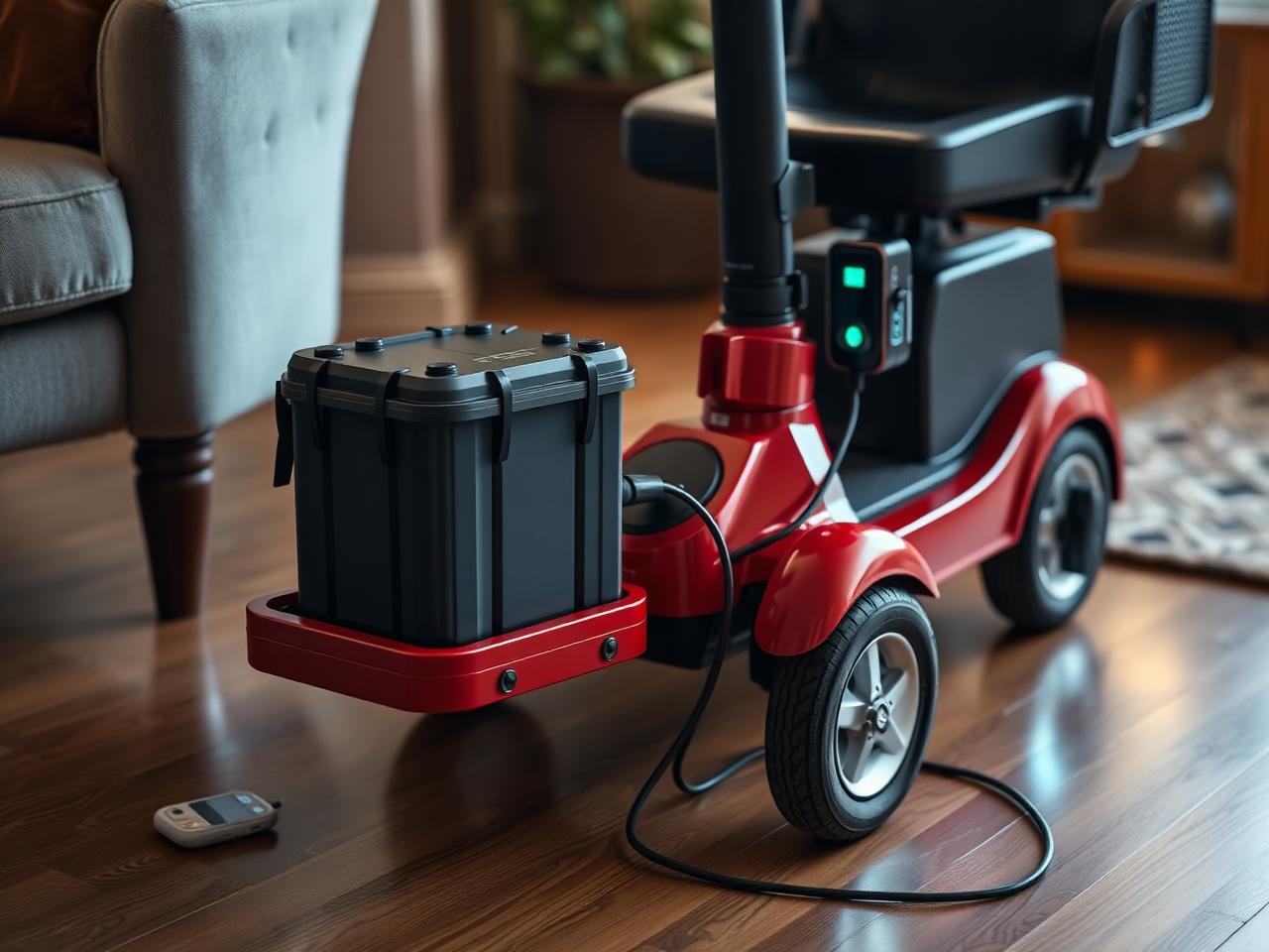 Detachable lithium battery charging beside the mobility scooter