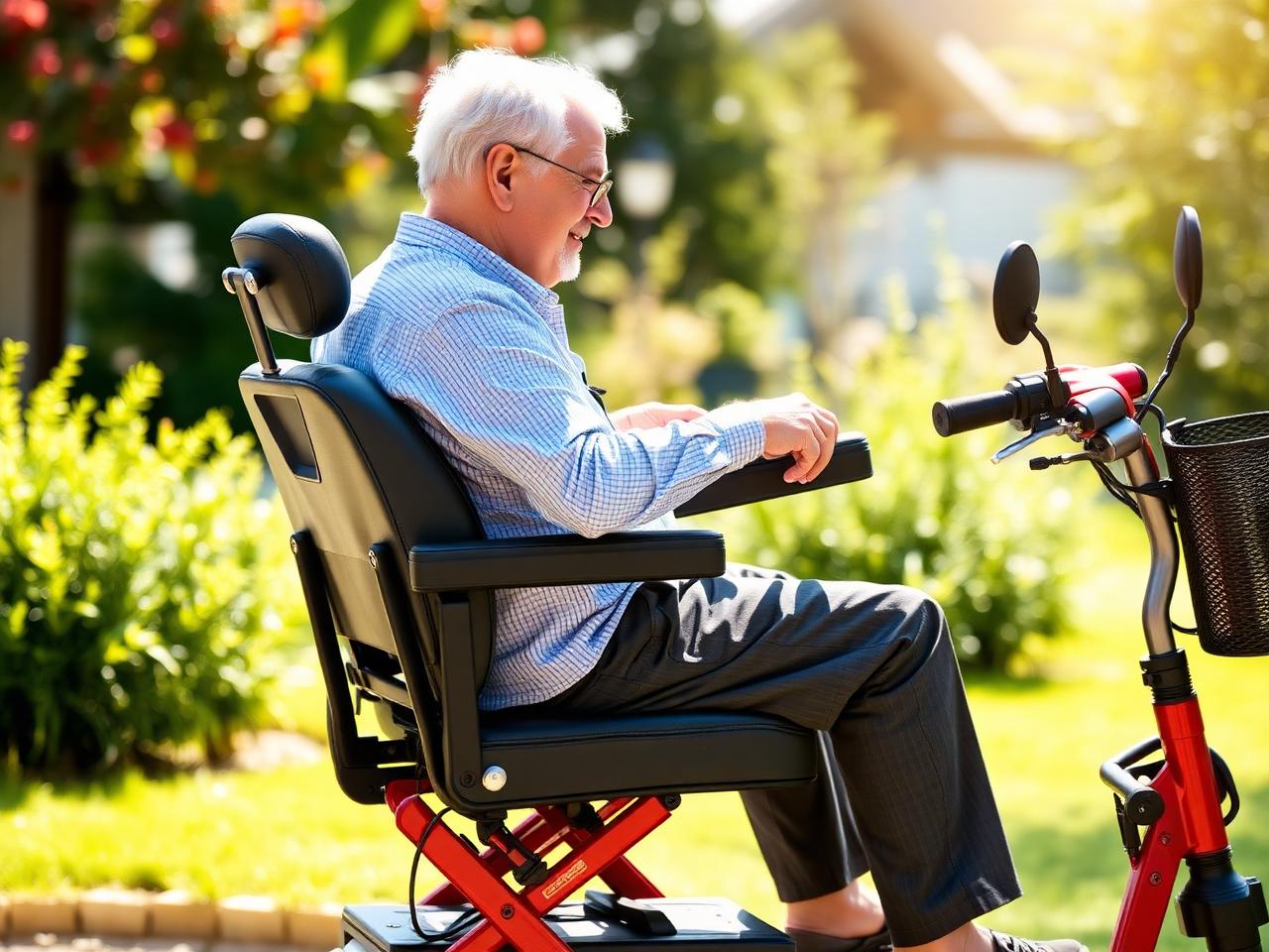 Senior man seated comfortably on the scooter's padded swivel seat in a garden