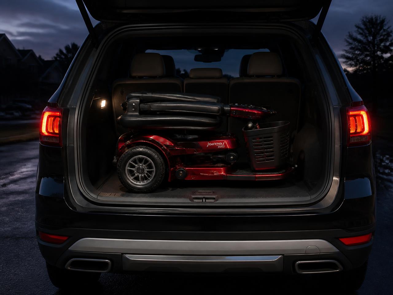 Folded mobility scooter loaded neatly into an SUV trunk