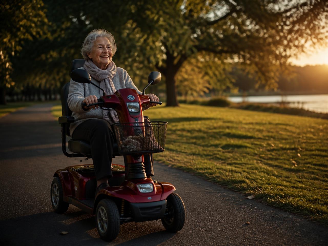 Customer riding the red mobility scooter with a full front basket outdoors